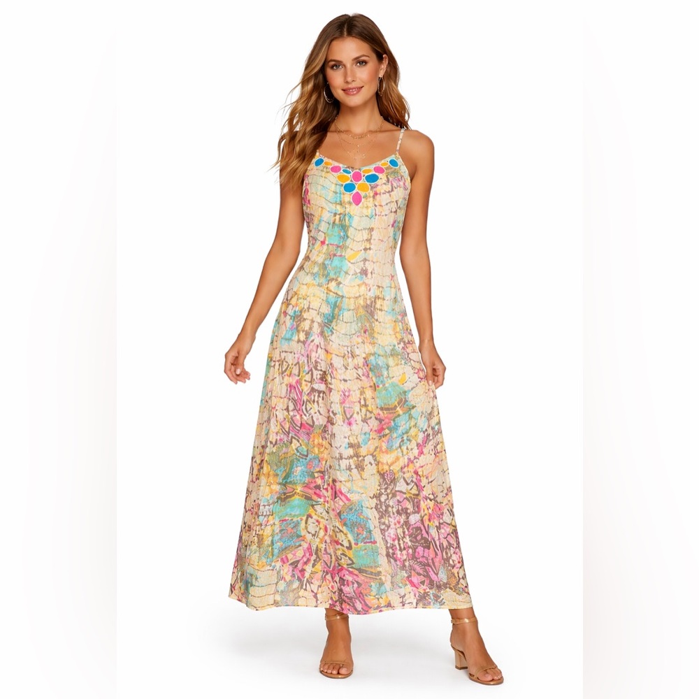 Raga/Chaudry KC‎ Size Medium Boho Chic Colorful Spaghetti Strap Maxi Dress NWT